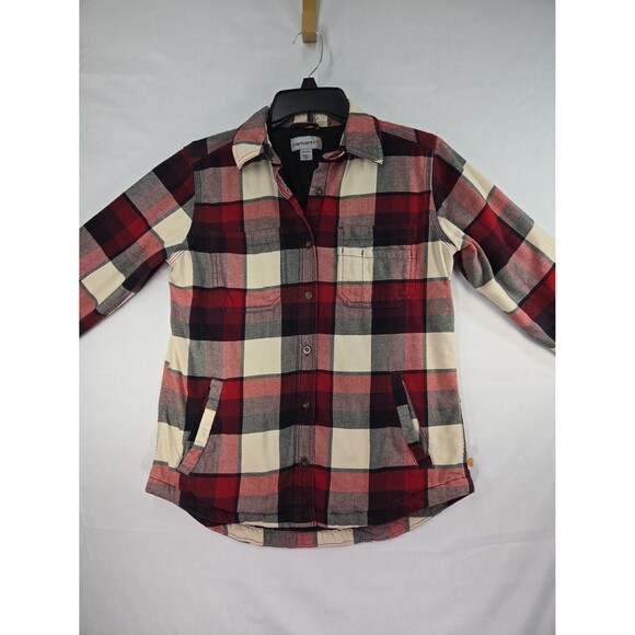 Carhartt Shacket Button Up Fleece Lined Flannel Shirt Red/Black Women XS Pockets - Picture 1 of 10